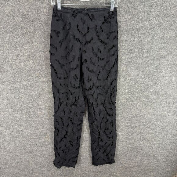 Chettab Pants - Chettab Pants Women 6 Black Geometric Embroidered Chino Zipper High Rise Linen